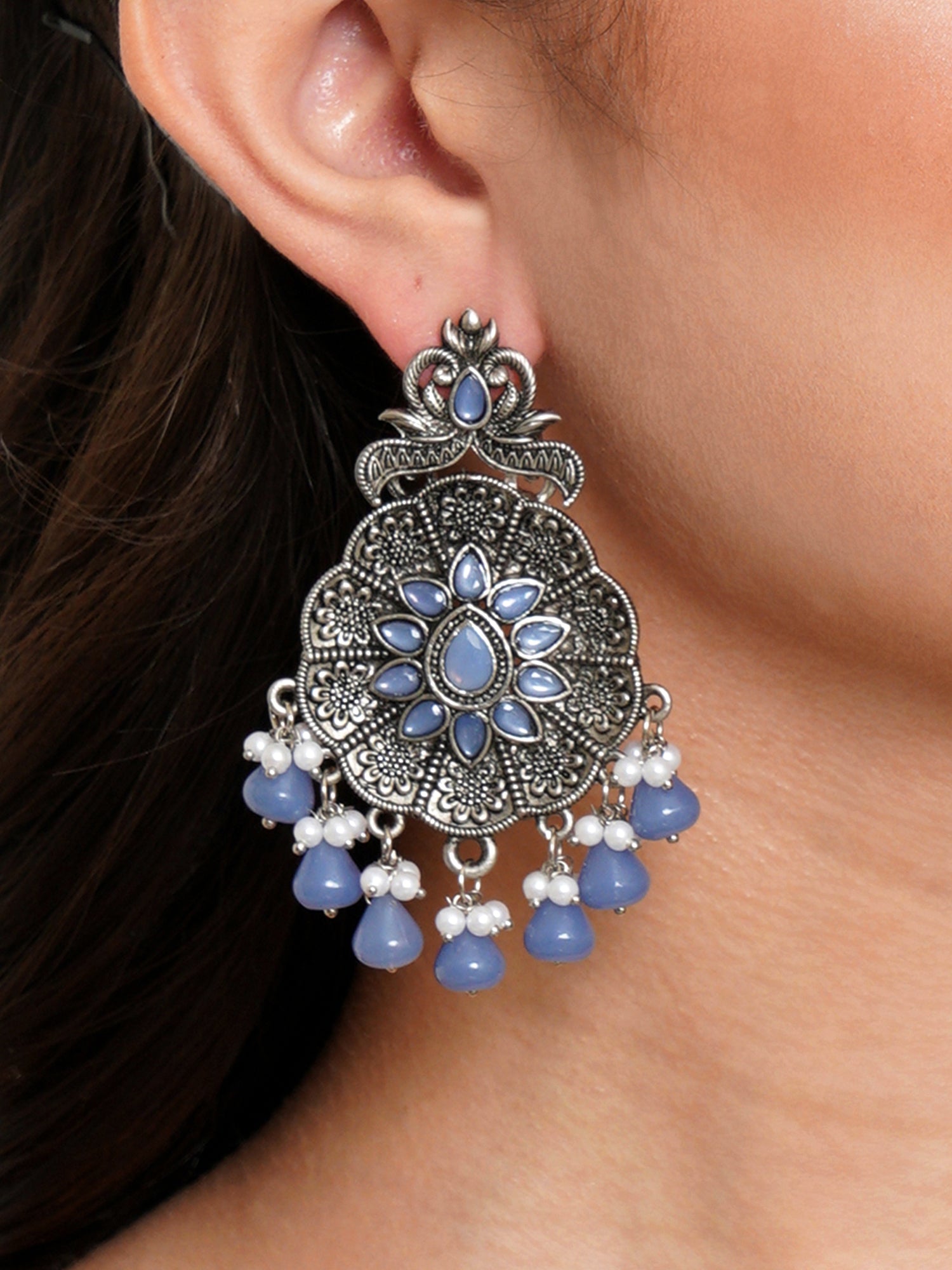 Karatcart Oxidised Silver Blue Monalisa Stone Studded Floral Dangler Earrings for Women - Image 1
