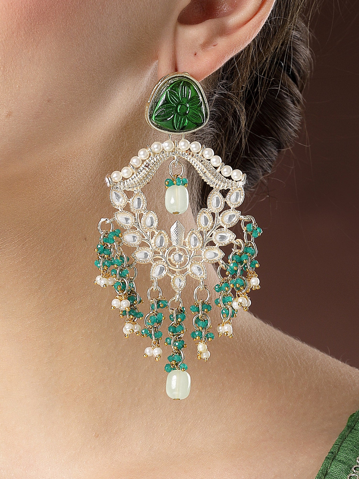 Karatcart Gold Plated Green Carved Stone and Crystal Dangler Earrings for Women - Image 1