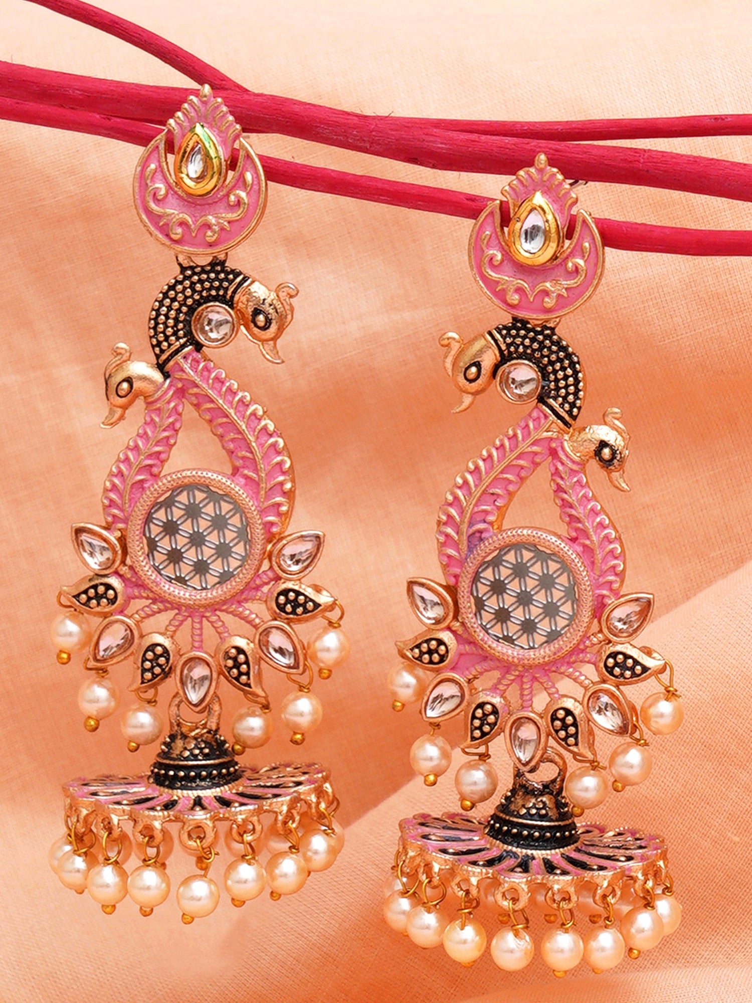Karatcart Antique Gold Plated Kundan Studded Pink Meena Peacock with Flat Jhumki Dangler Earrings - view 3