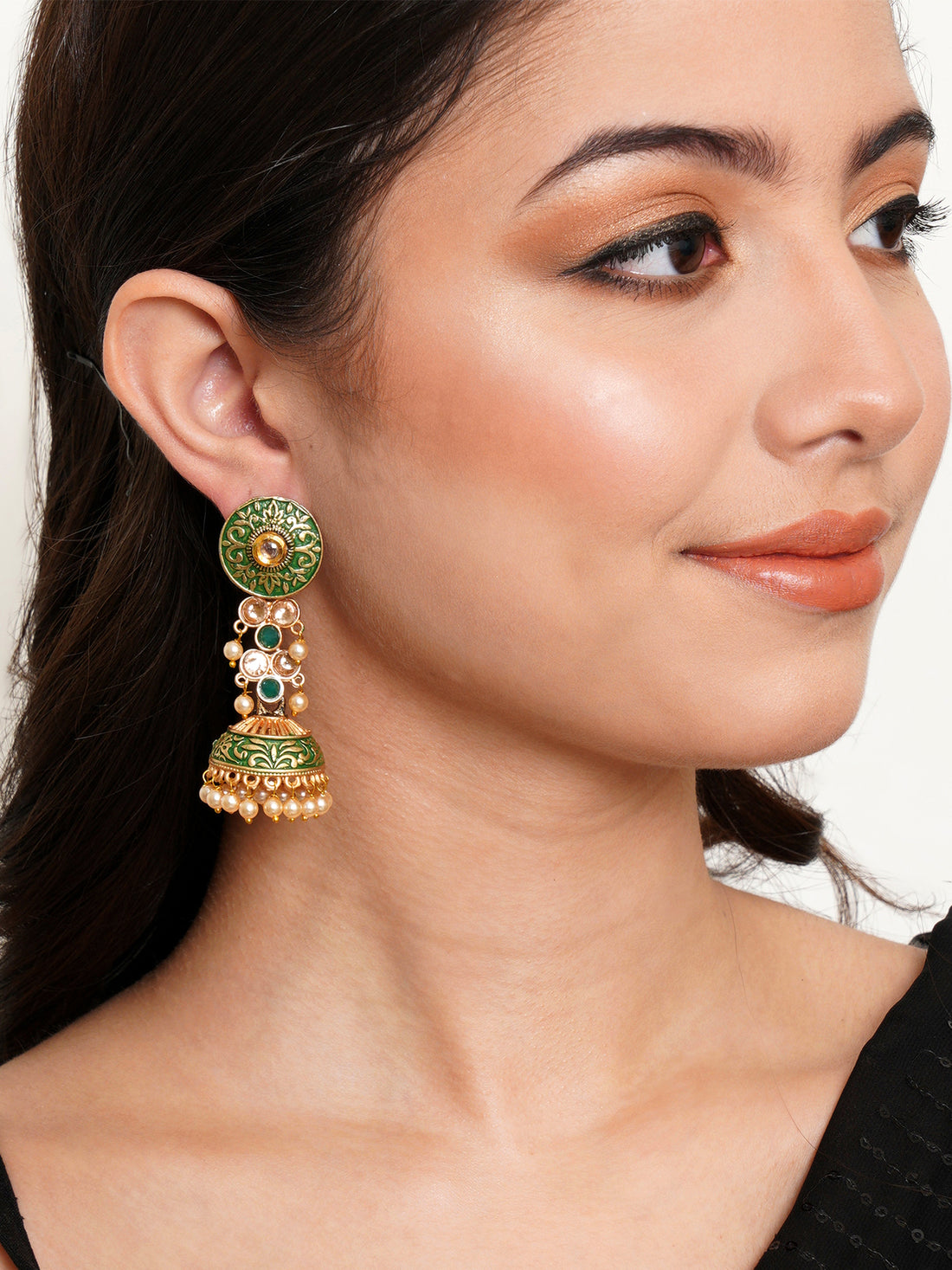 Karatcart Gold Plated Green Meena and Pearl Studded Jhumki Earrings for Women