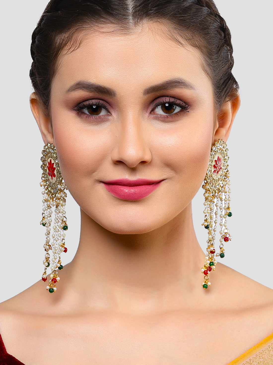 Karatcart Gold Plated Red and Green Beads Kundan Tassel Earrings for Women