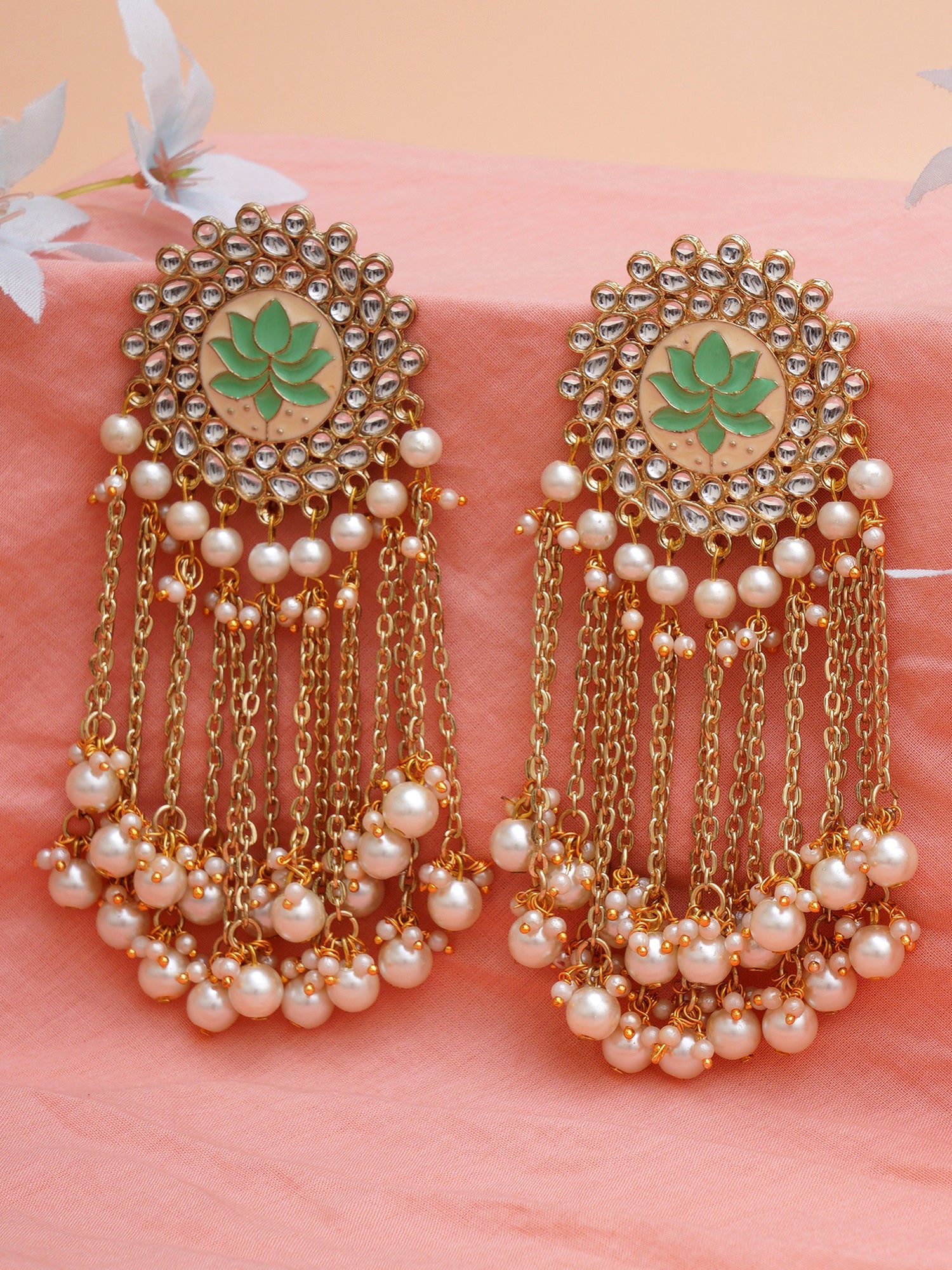 Karatcart Gold Plated Light Green Meena Pearl Beads Kundan Tassel Earrings for Women