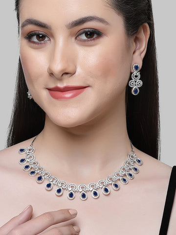 Karatcart Silver Plated Blue Cubic Zirconia Necklace Set for Women