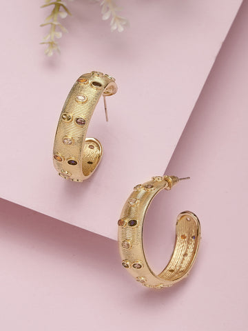 Bohey by KARATCART Gold Plated Multicolor Stone Studded Half Hoop Earrings