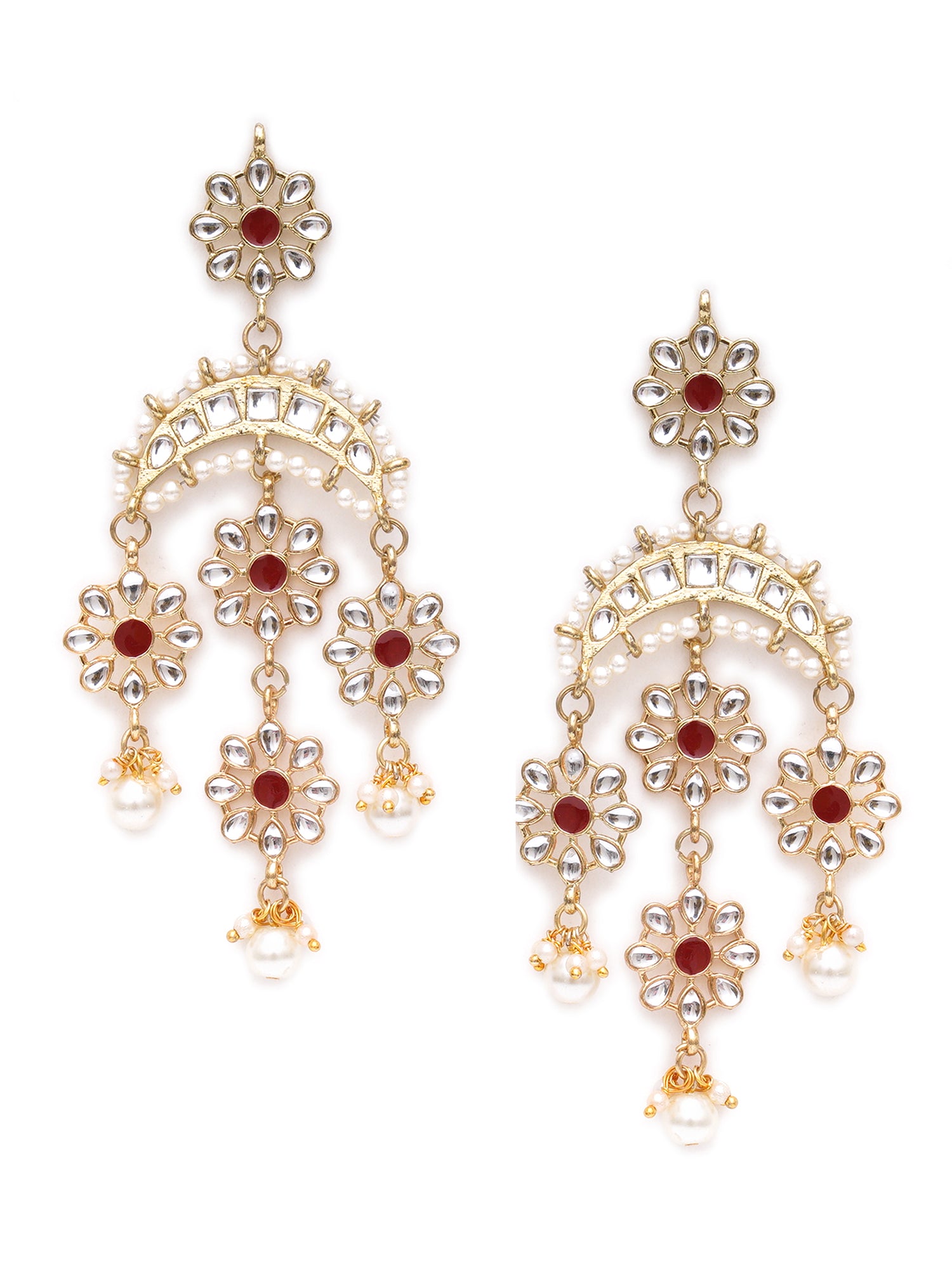 Karatcart Gold Plated Floral Red Meena Kundan Dangler Earrings for Women - view 3