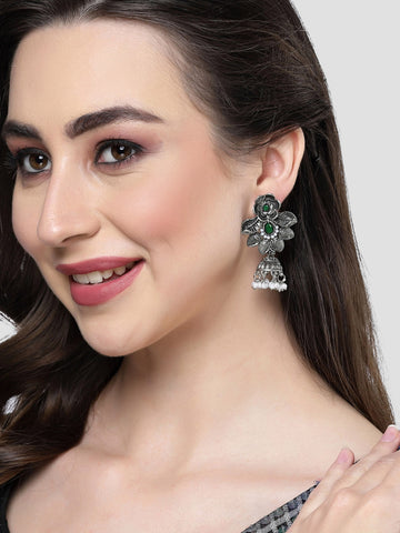 Karatcart Oxidised Silver Floral Design Green Stone Dangler Earring for Women