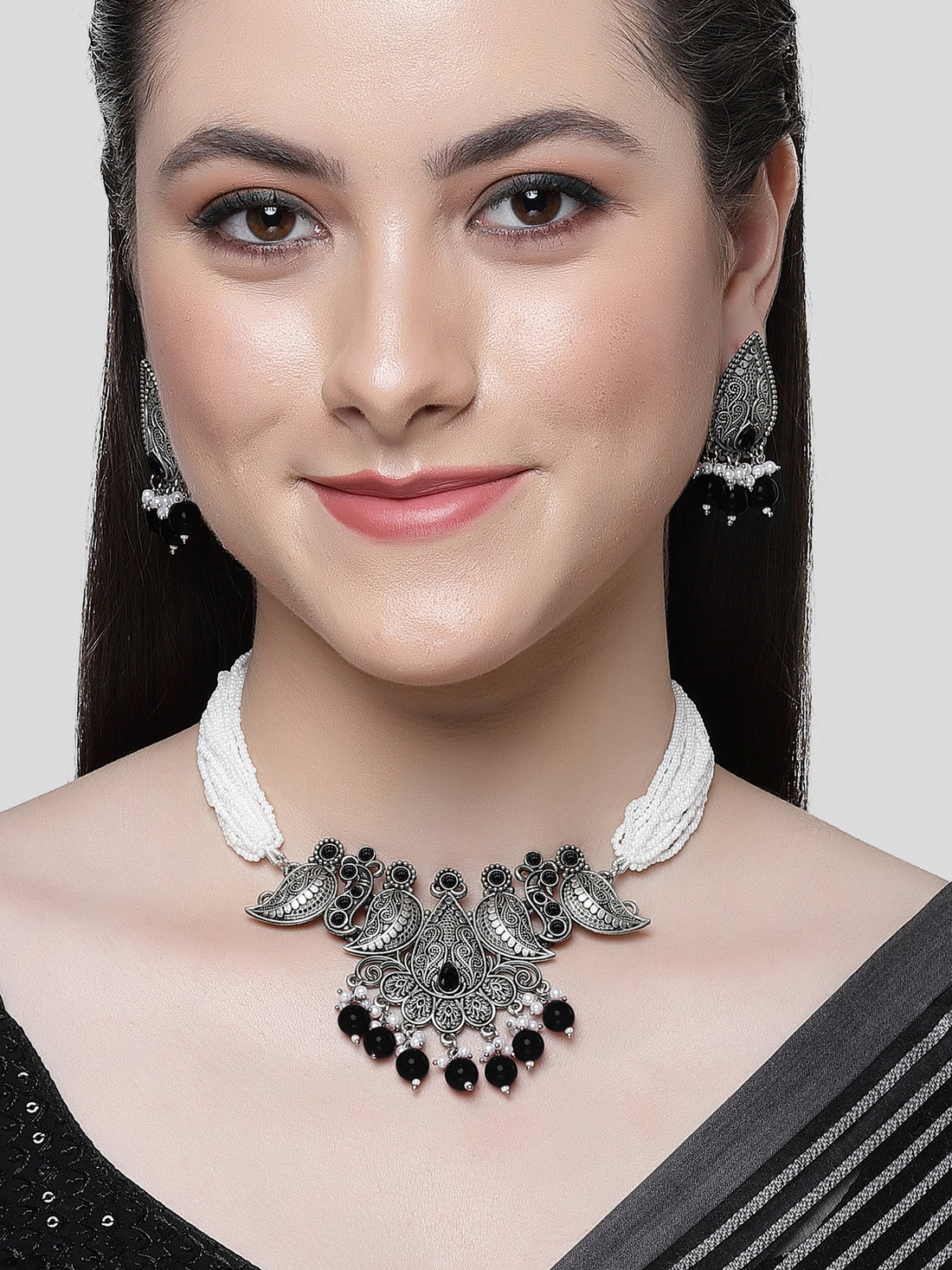 Karatcart Black Beads Oxidised Silver Jaipuri Choker Necklace Set for Women