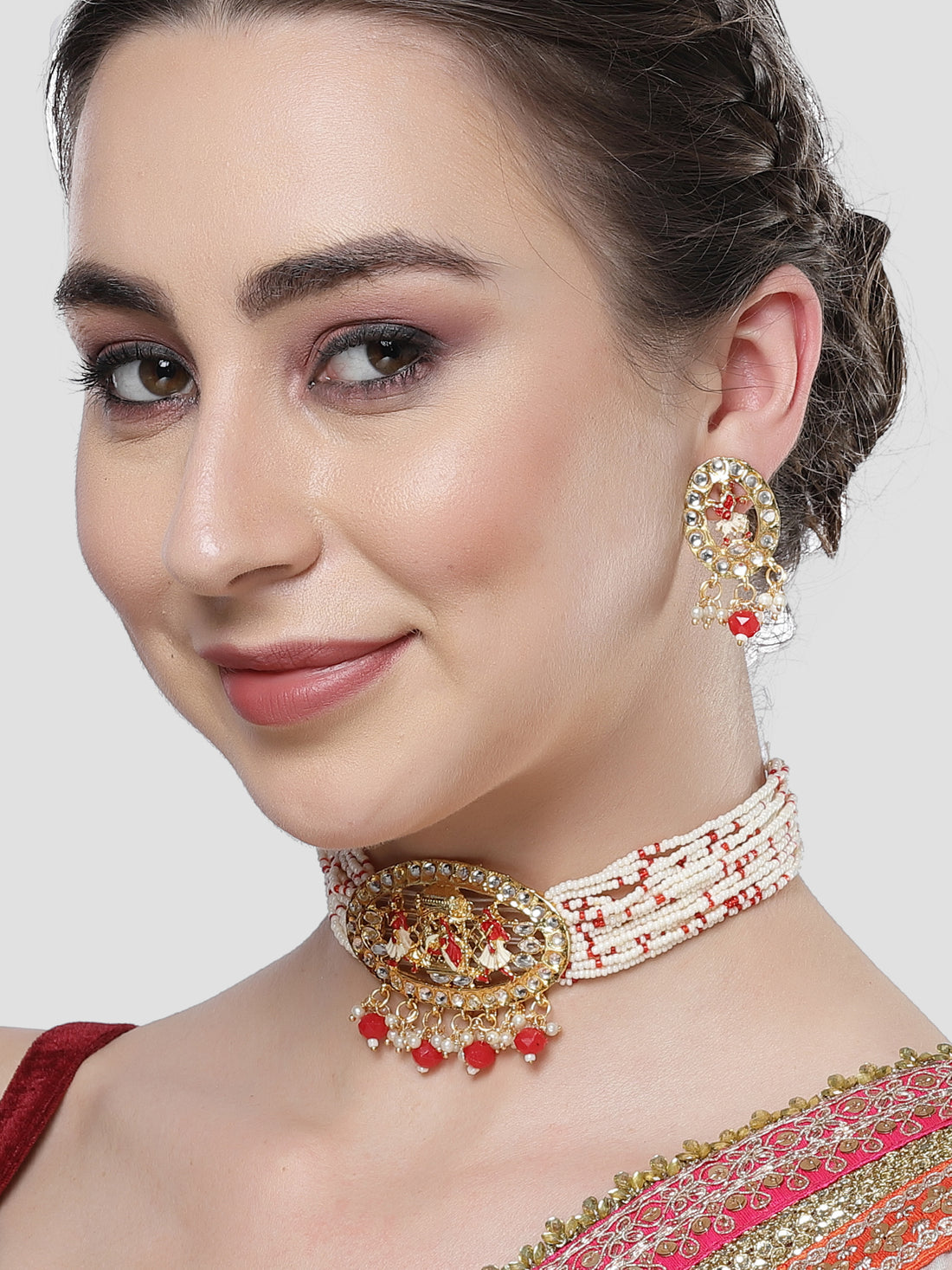 Karatcart Gold Plated Red Dulhan Doli Design Choker Necklace Set for Women