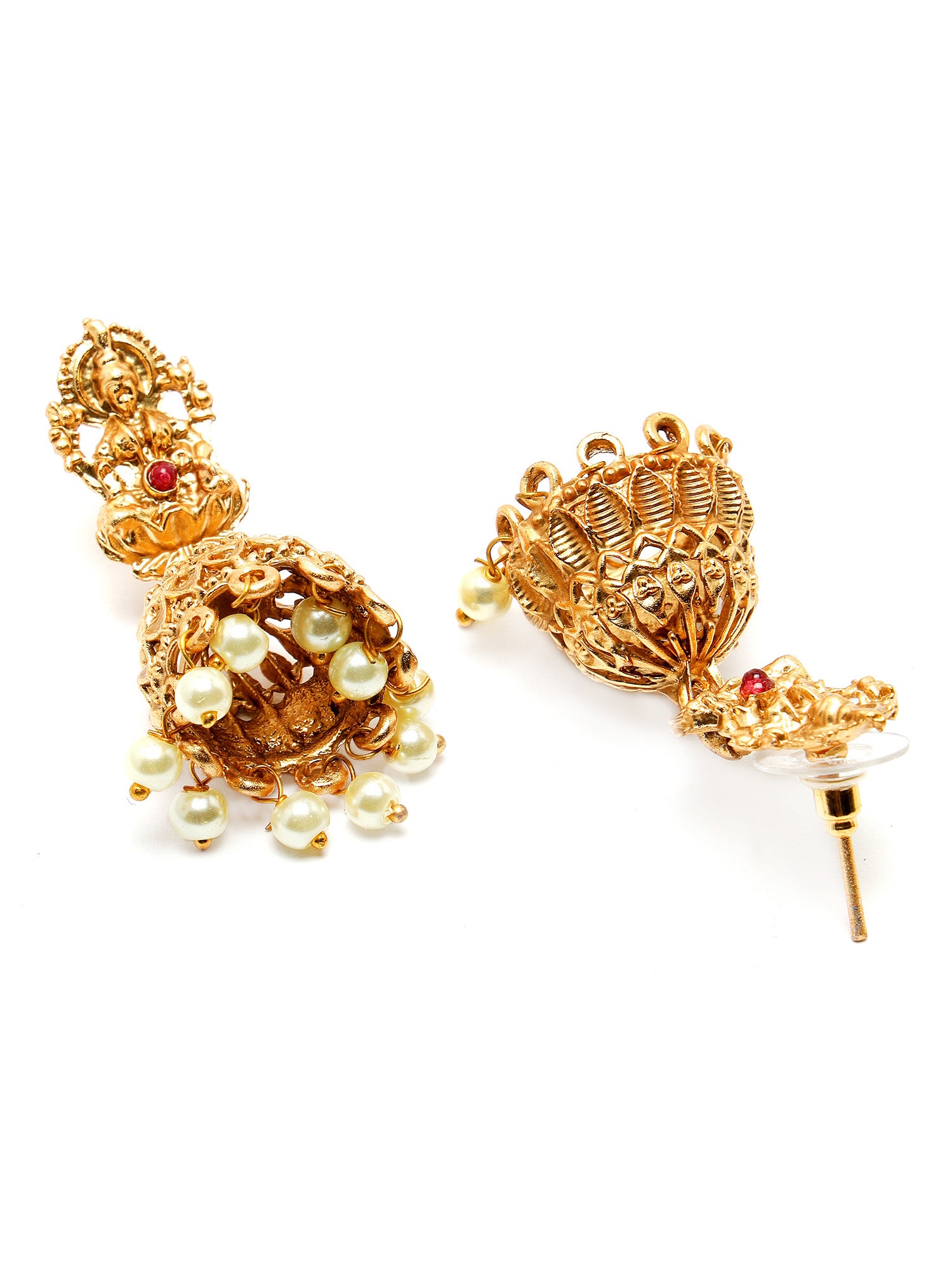 Karatcart Gold Plated Red Stone Floral Design Rani Haar Temple Jewellery Set for Women - view 7