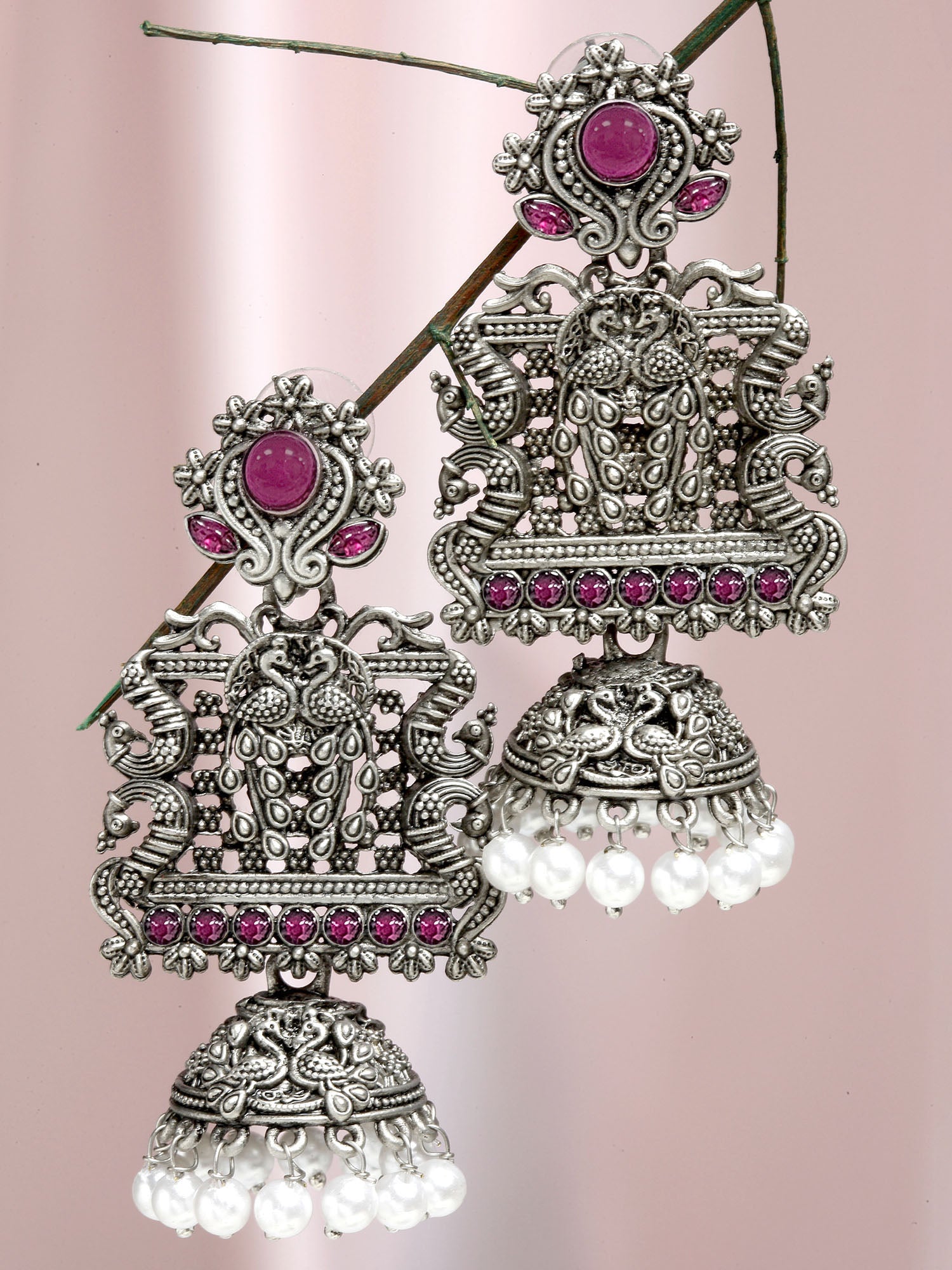 Karatcart Oxidised Silver Peacock Red Stone Studded Dangler Jhumki Earrings for Women - view 3