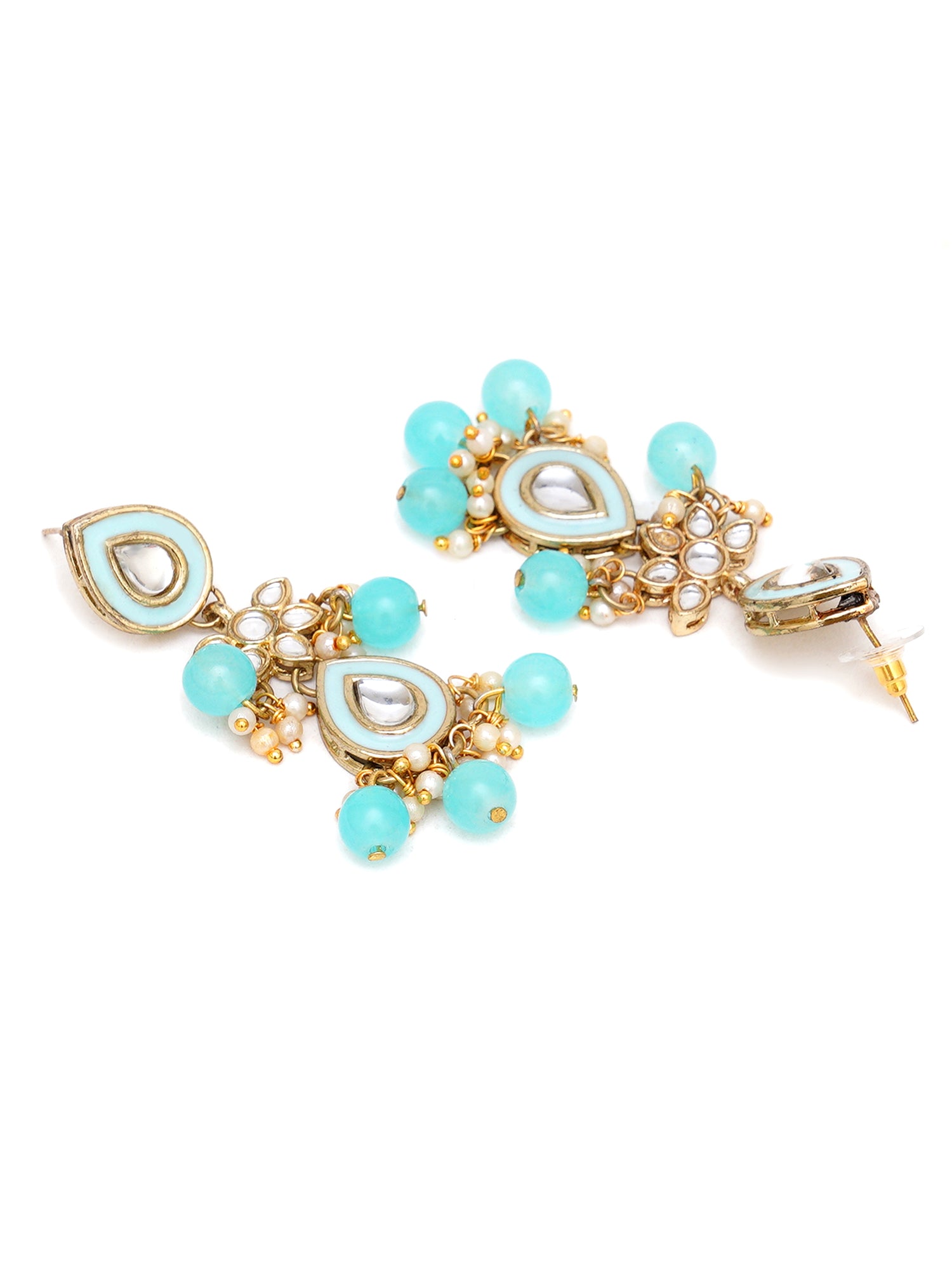 Karatcart Gold Plated Light Blue Meena Kundan Drop Earrings for Women - view 4