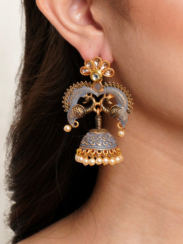 Karatcart Antique Gold Plated Grey Designer Peacock Jhumki Earrings for Women