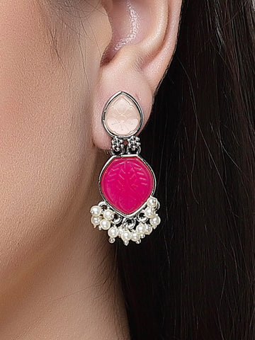 Karatcart Silver Tone Drop Shape Pink Carved Stone Studded Drop Earrings for Women