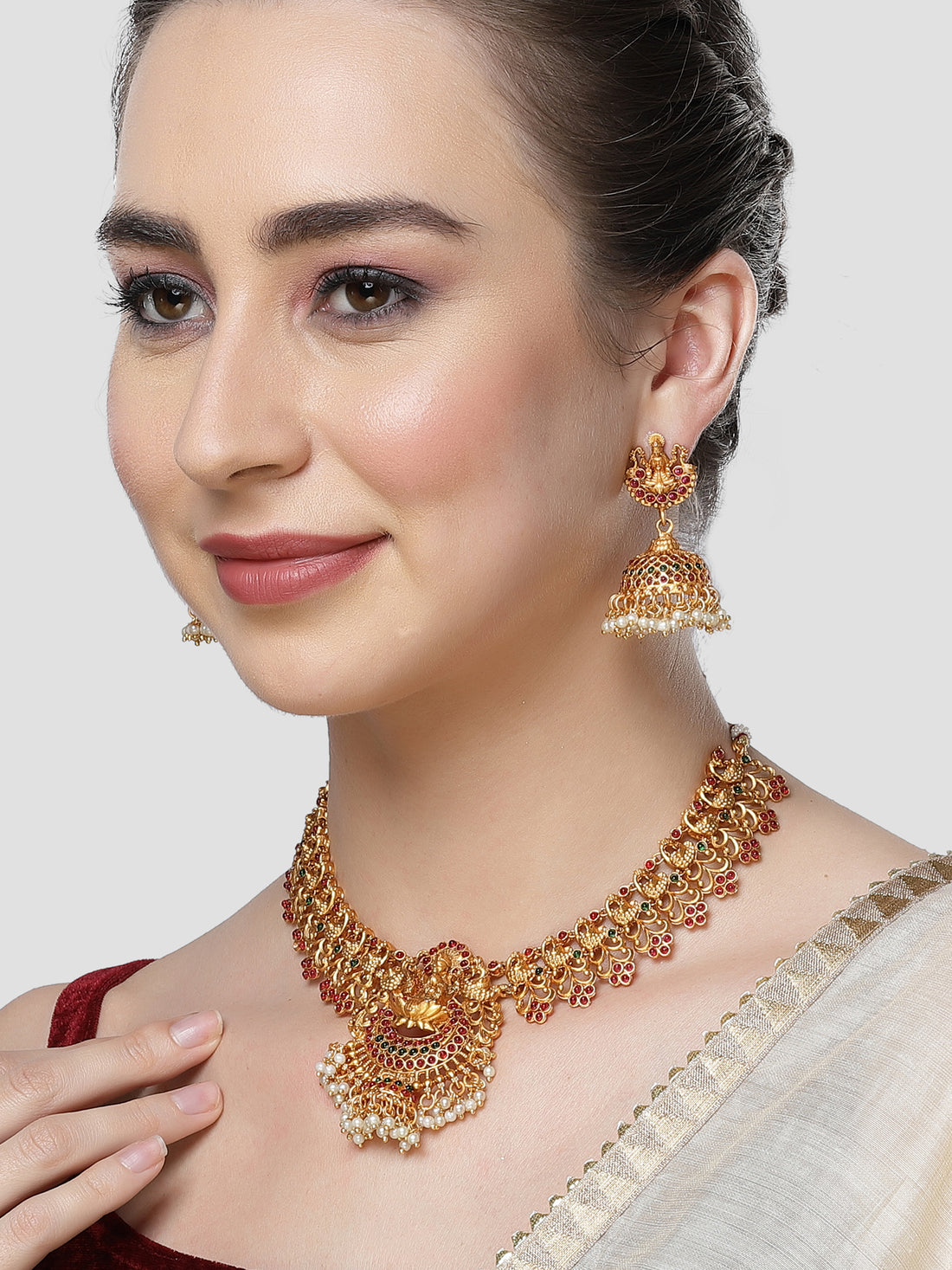 Karatcart Gold Plated Mata Laxmi and Peacock Design Temple Jewellery Set for Women