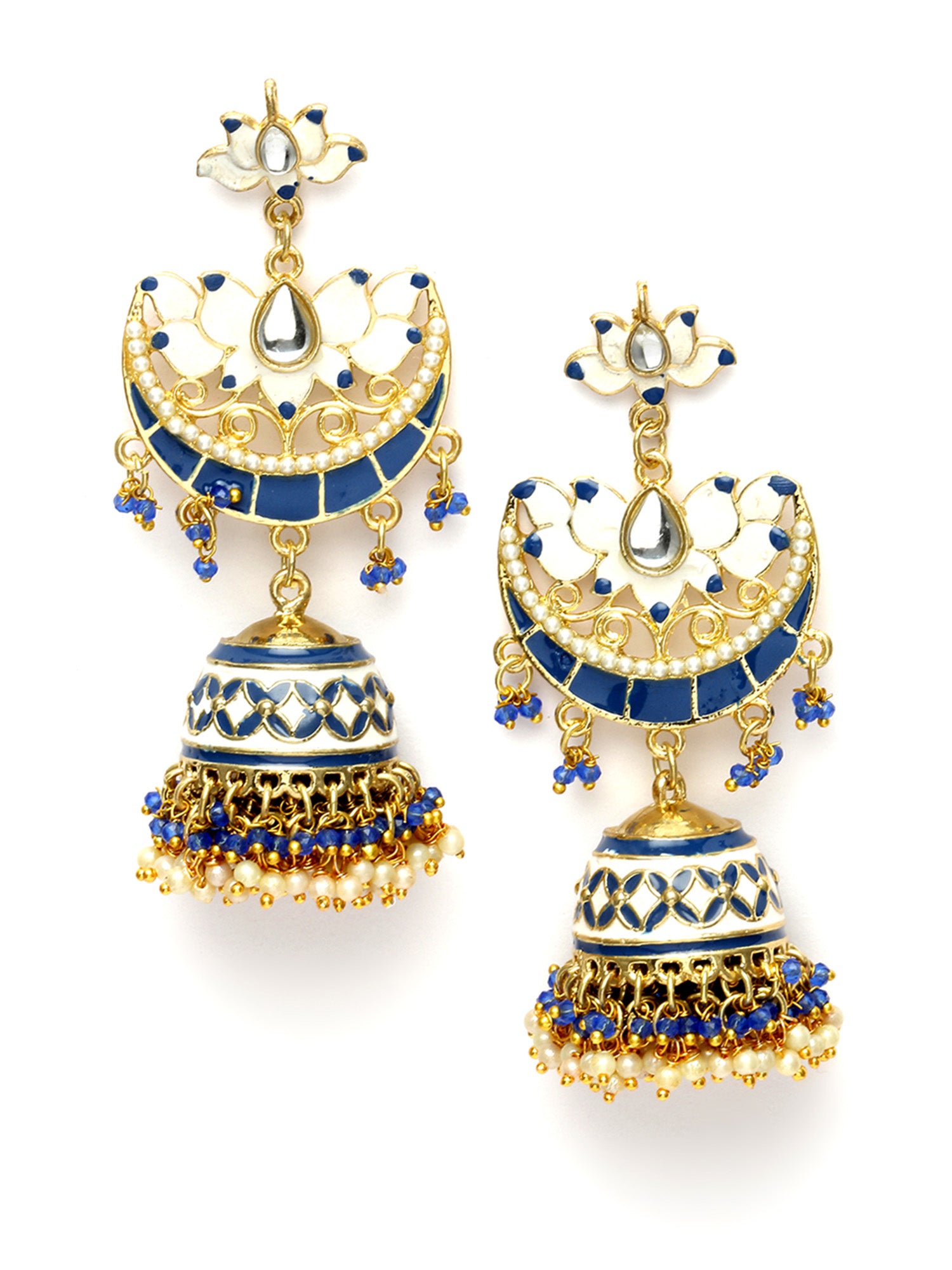 Karatcart Gold Plated Blue and White Meena Kundan Jhumki Earrings for Women - view 4