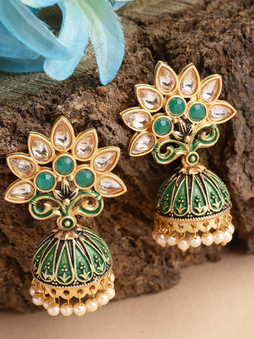 Karatcart Gold Plated Green Meena and Kundan Jhumki Earrings for Women