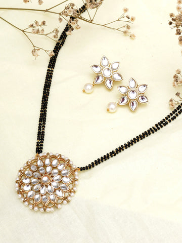 Karatcart Gold Plated Pearl Beads Floral Kundan Mangalsutra with Earrings