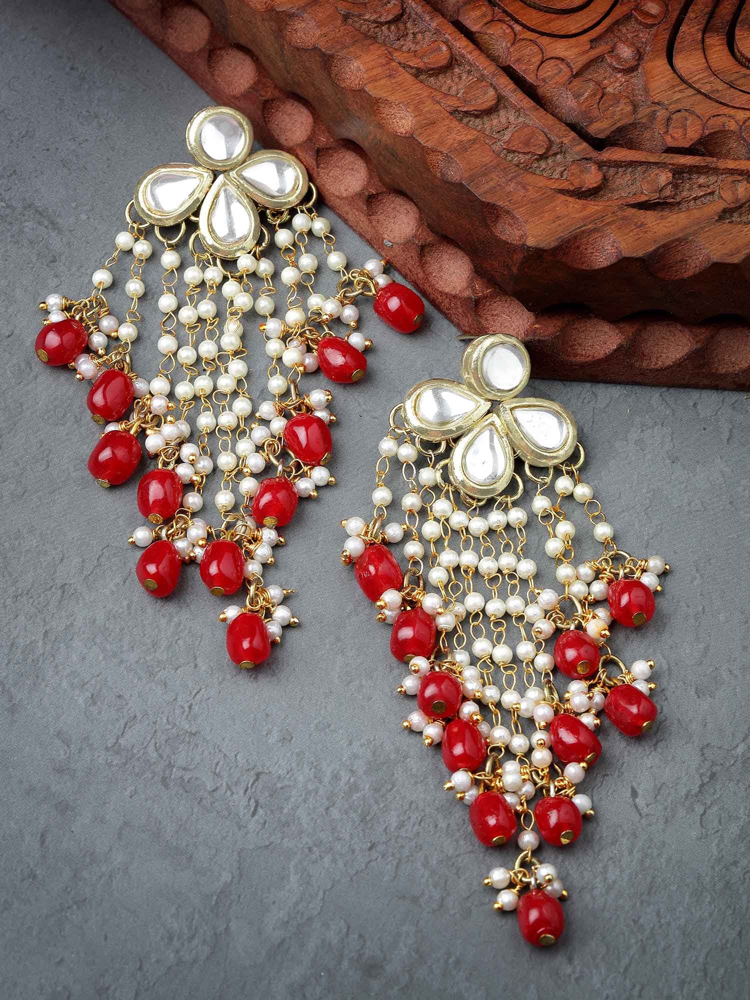 Karatcart Gold Plated Red Tumble Kundan Tassel Earrings for Women - view 3