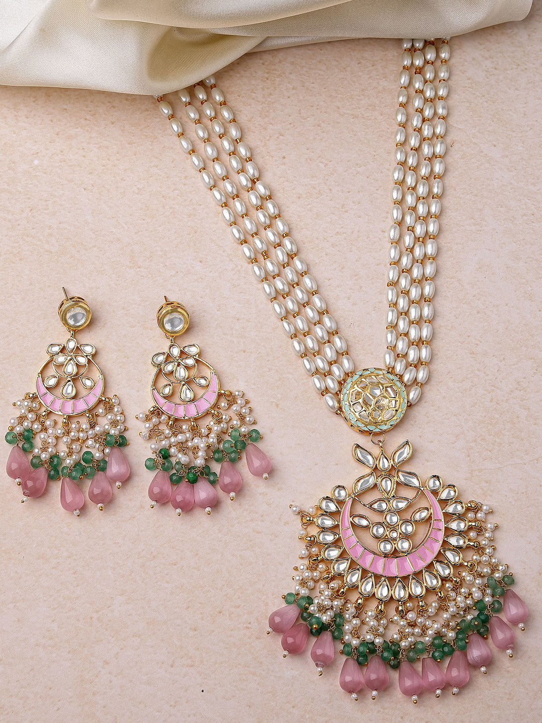 Karatcart Gold Plated Pink Meena Green Crystal Pearl Rani Haar Necklace for Women