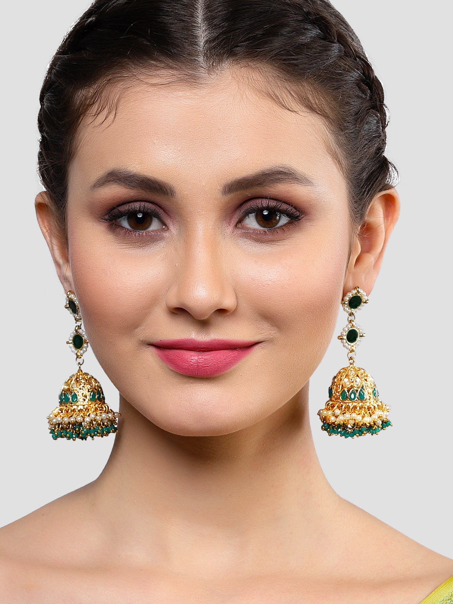 Karatcart Gold Plated Green Crystal and Pearl Studded Kundan Jhumki Earrings for Women - view 2