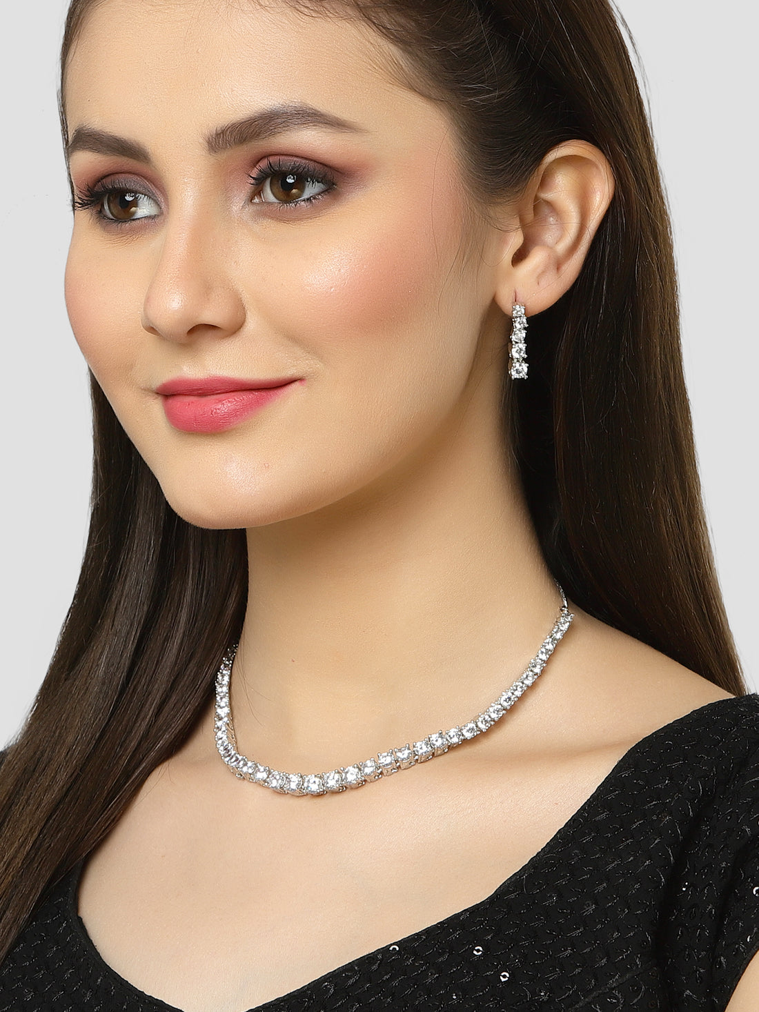 Karatcart Silver Toned Cubic Zirconia Studded Statement Jewellery Set for Women