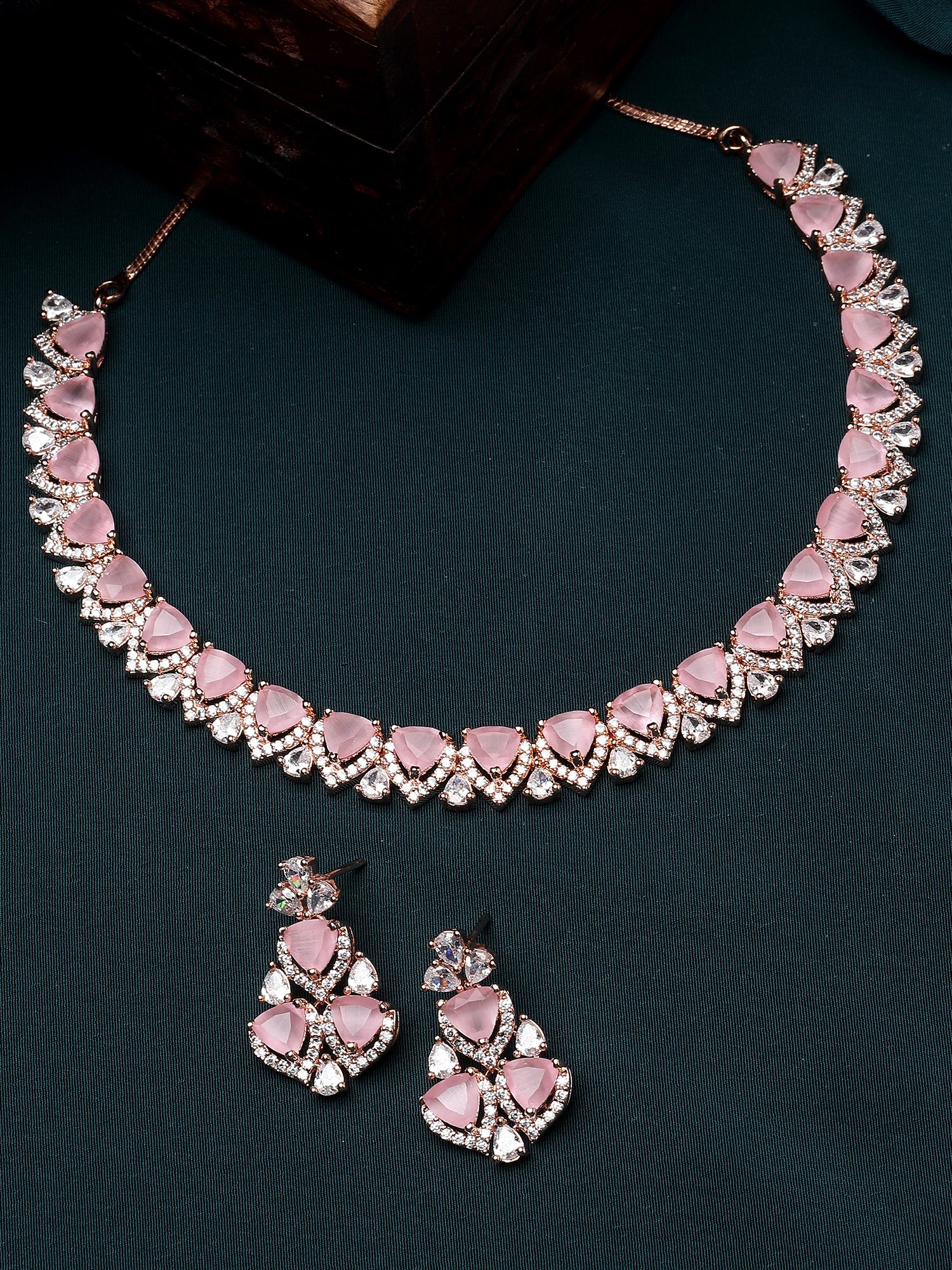 Karatcart Rose Gold Plated Heart Shape Pink Cubic Zirconia Necklace Set for Women - view 3