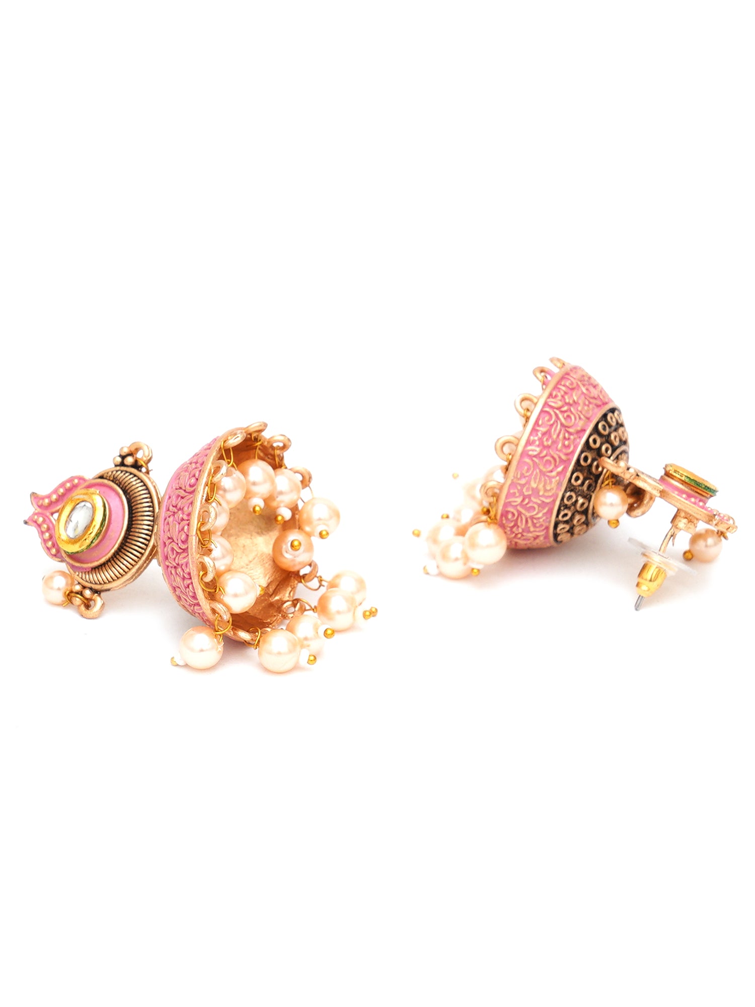 Karatcart Antique Gold Plated Polki Kundan Studded Pink Meena Jhumki Earrings for Women - view 5
