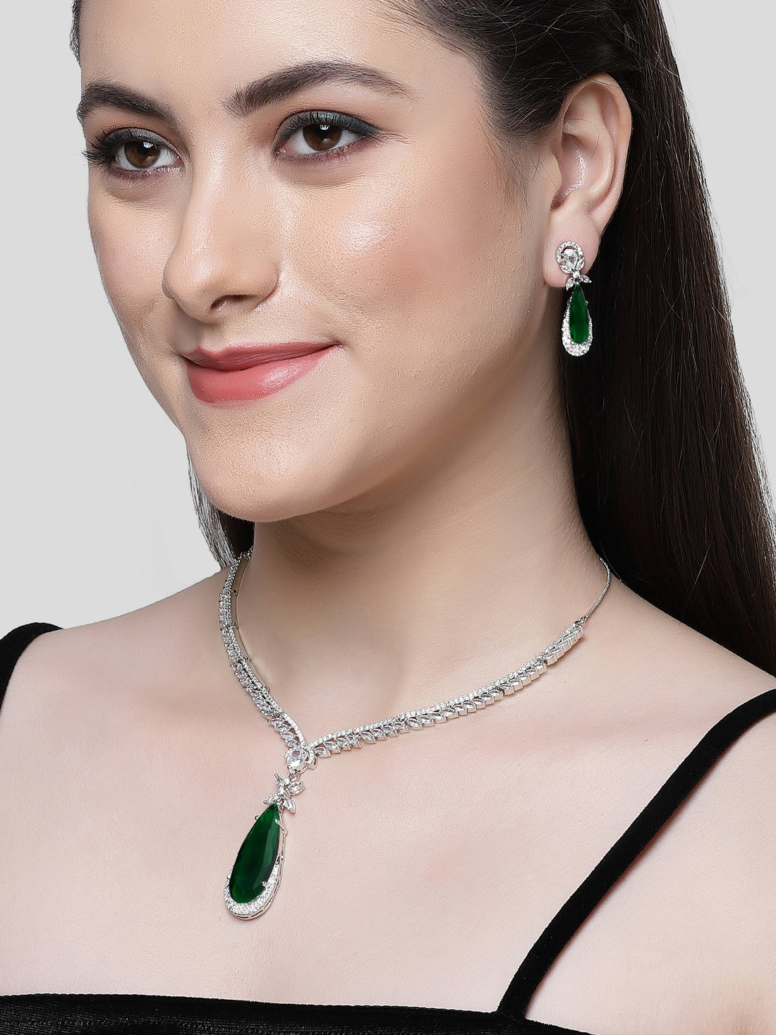 Karatcart Silver Tone Green Drop Shape Cubic Zirconia Studded Jewellery Set for Women