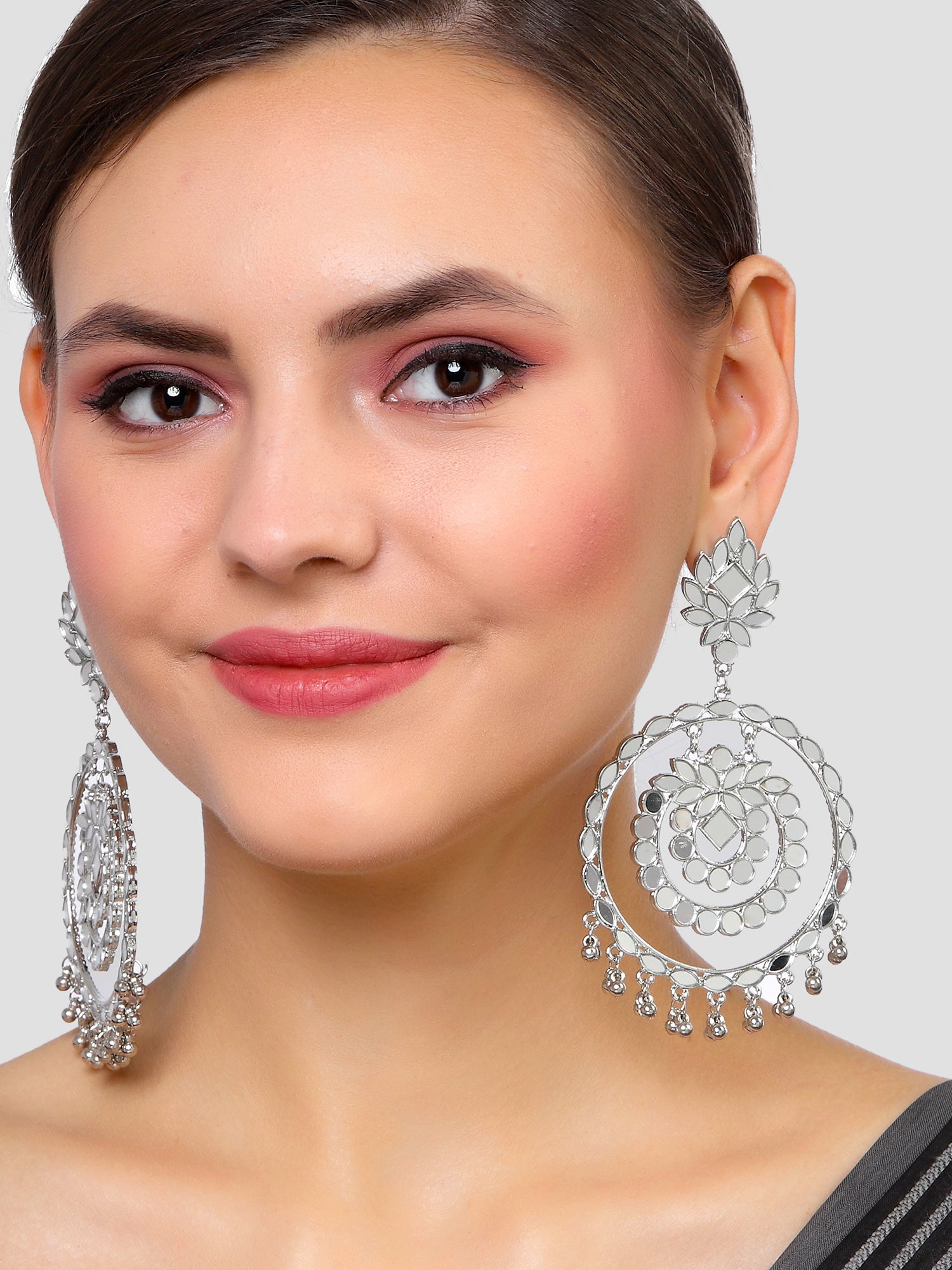 Karatcart Silver Plated Mirror Studded Round Shape Dangler Earrings for Women - Image 1