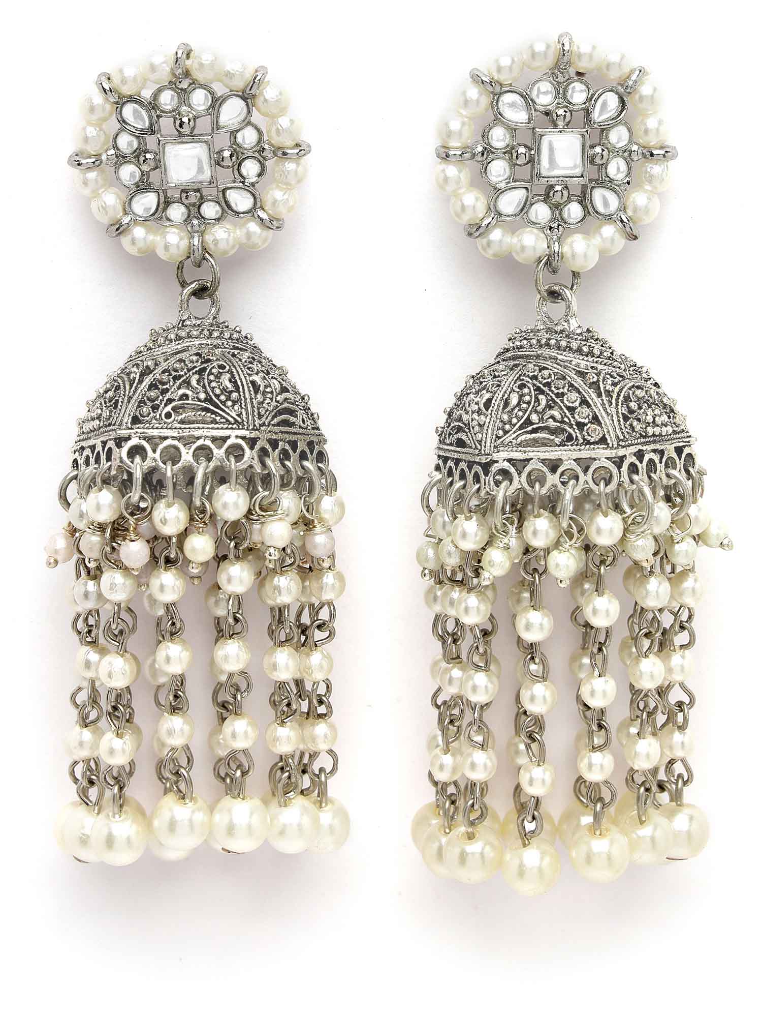 Karatcart Oxidised Silver Pearl Studded Kundan Jhumki Earrings for Women - view 4