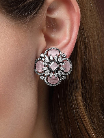 Karatcart Floral Design Pink Cubic Zirconia Studded Black Silver Plated Stud Earrings for Women