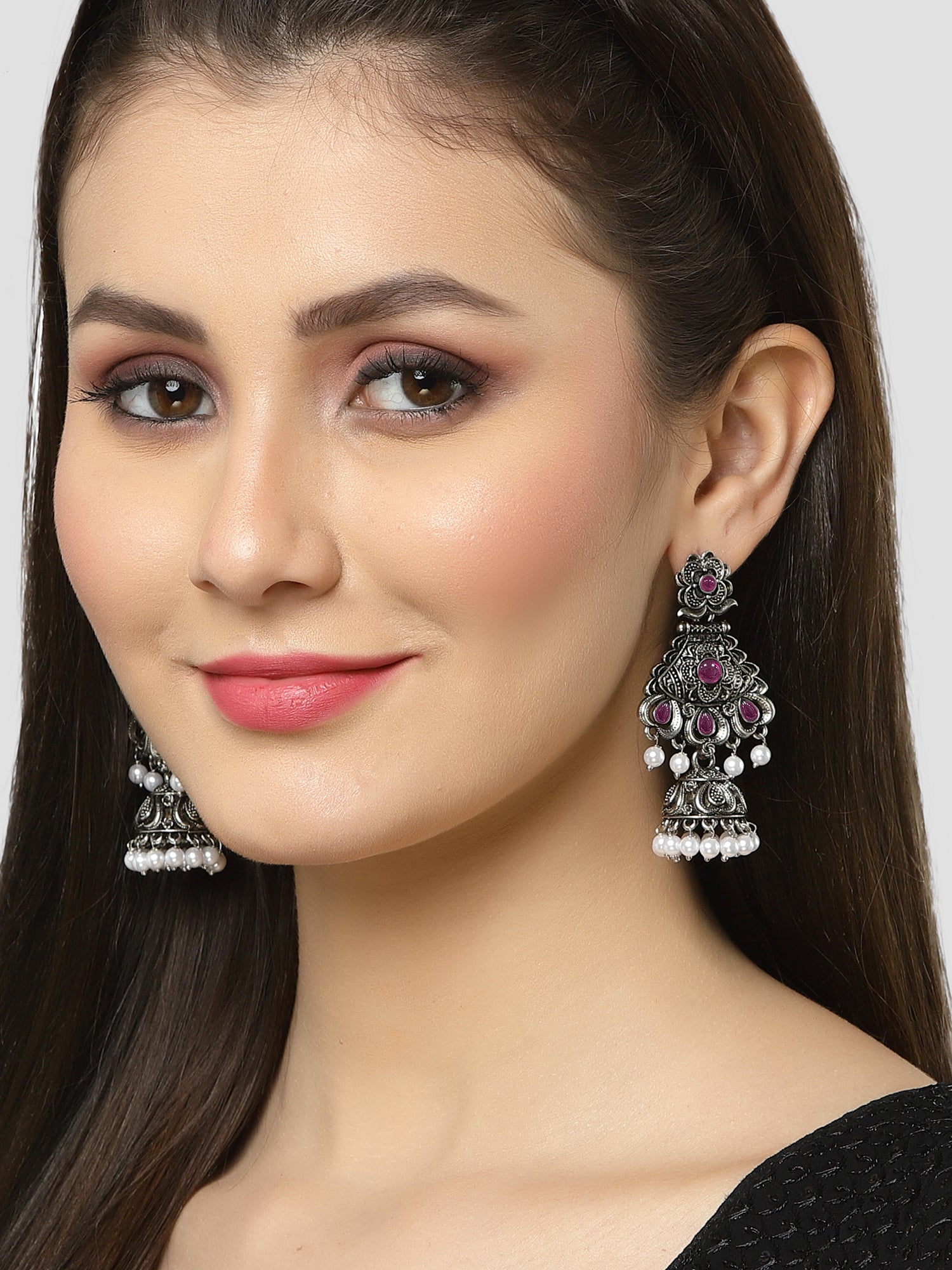 Karatcart Oxidised Silver Red Stone Studded Dangler Jhumki Earrings for Women - Image 1