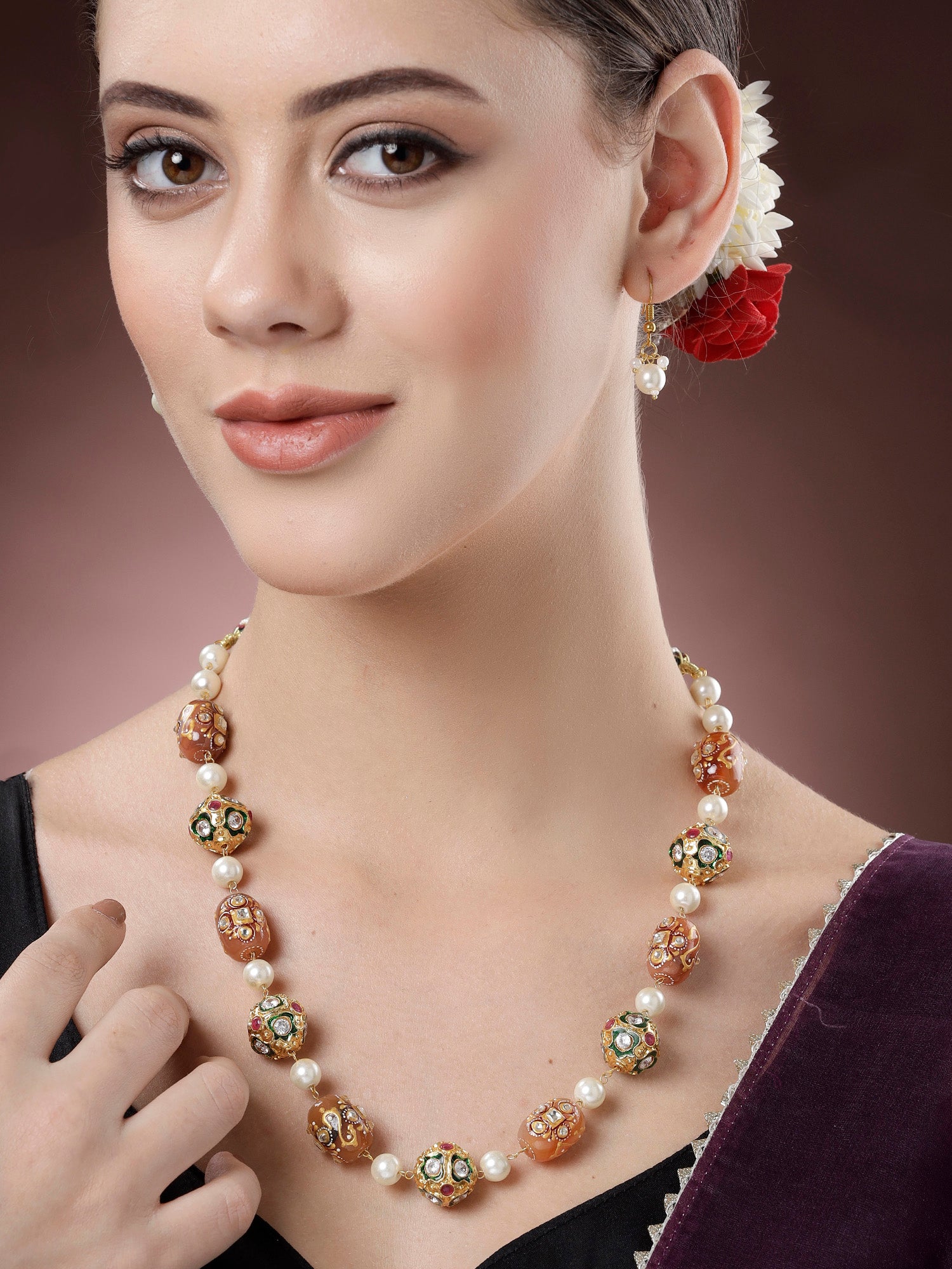 Karatcart Gold Plated Brown Stone and Pearl Necklace Set for Women
