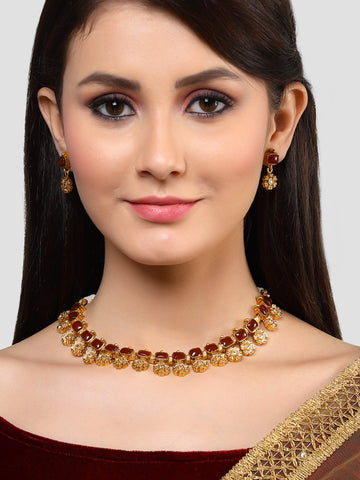 Karatcart Gold Plated Red Stones Studded Floral Design Necklace Set