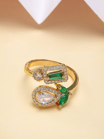 Bohey by KARATCART Gold Plated Green Cubic Zirconia Studded Women's Finger Ring