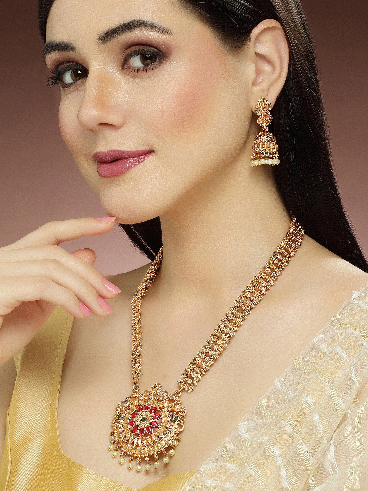 Karatcart Gold Plated Red Stone Floral Design Rani Haar Temple Jewellery Set for Women - view 2