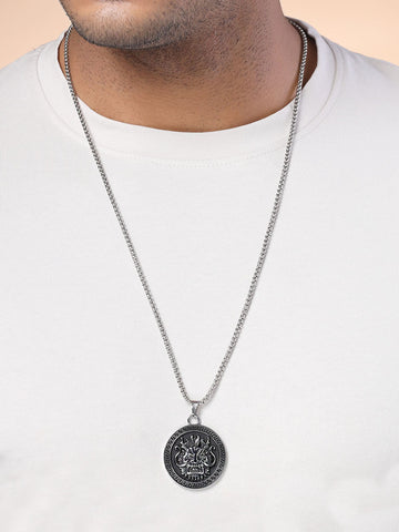 Bohey by KARATCART Silver Plated Black Dragon Carved Round Chain Pendant for Men