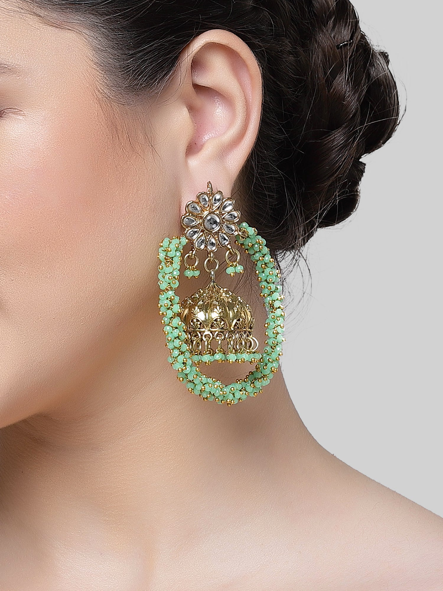 Karatcart Gold Plated Light Green Crystal Jhumki Hoop Earrings for Women - Image 1