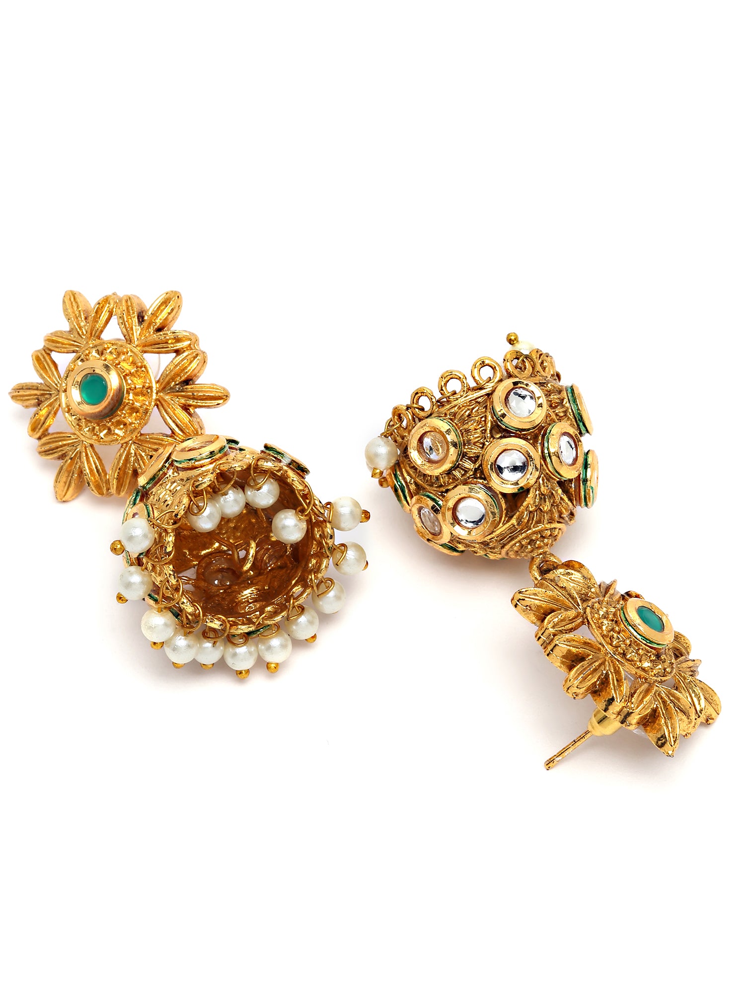 Karatcart Gold Plated Green Floral Polki Kundan Studded Jhumki Earrings for Women - view 5