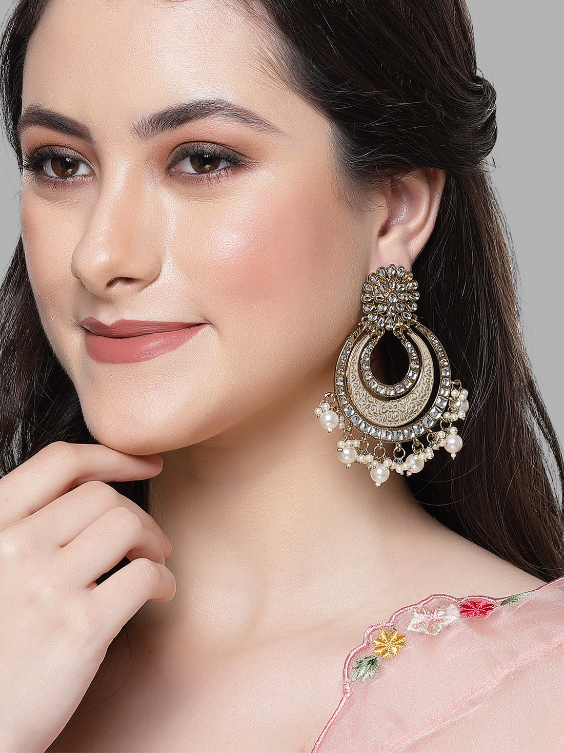 Karatcart Gold Plated Light Grey Meena Kundan Chandbali Earrings for Women