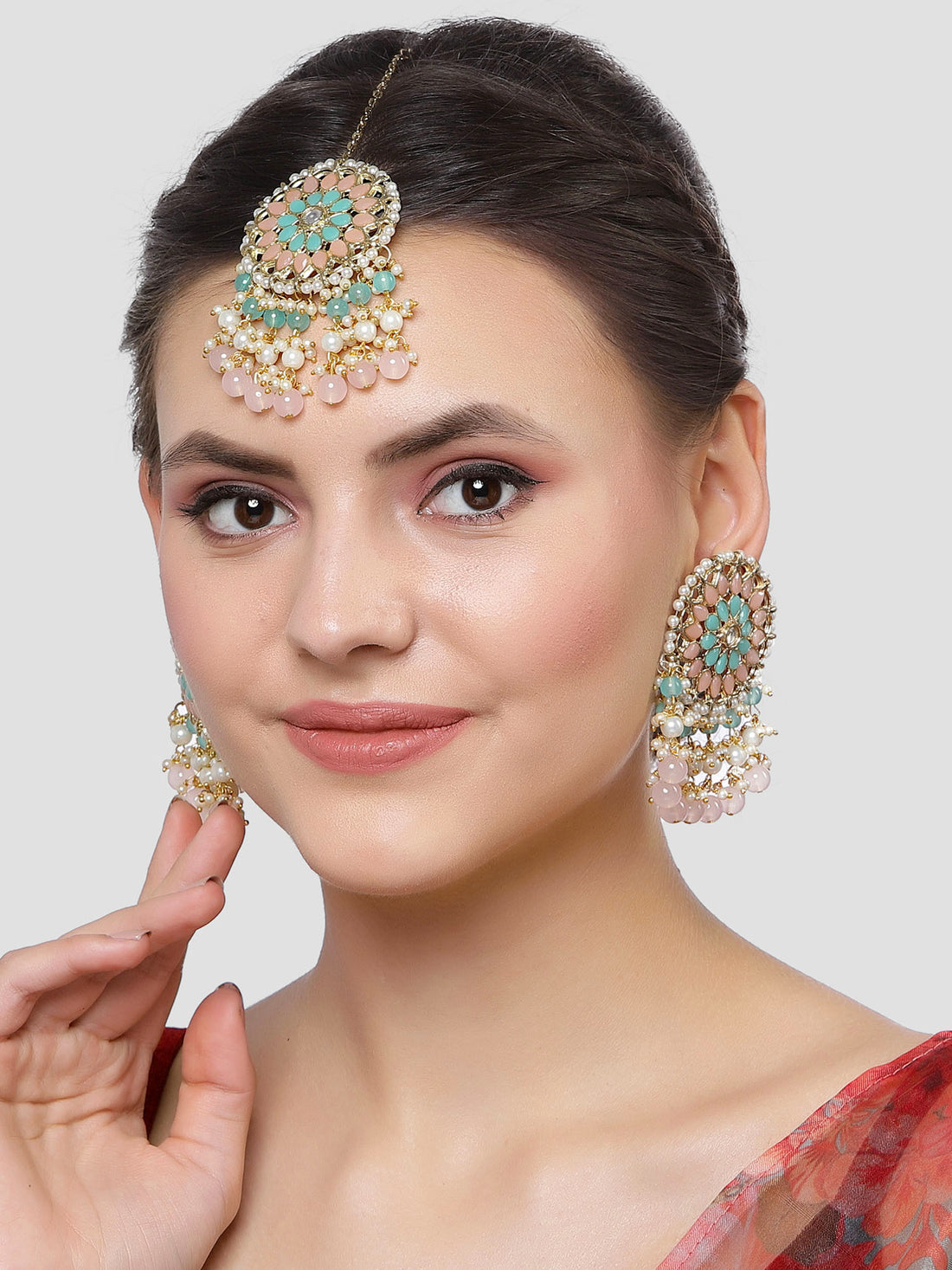 Karatcart Gold Plated Pink and Light Blue Kundan Earrings and Maangtikka Combo Set for Women