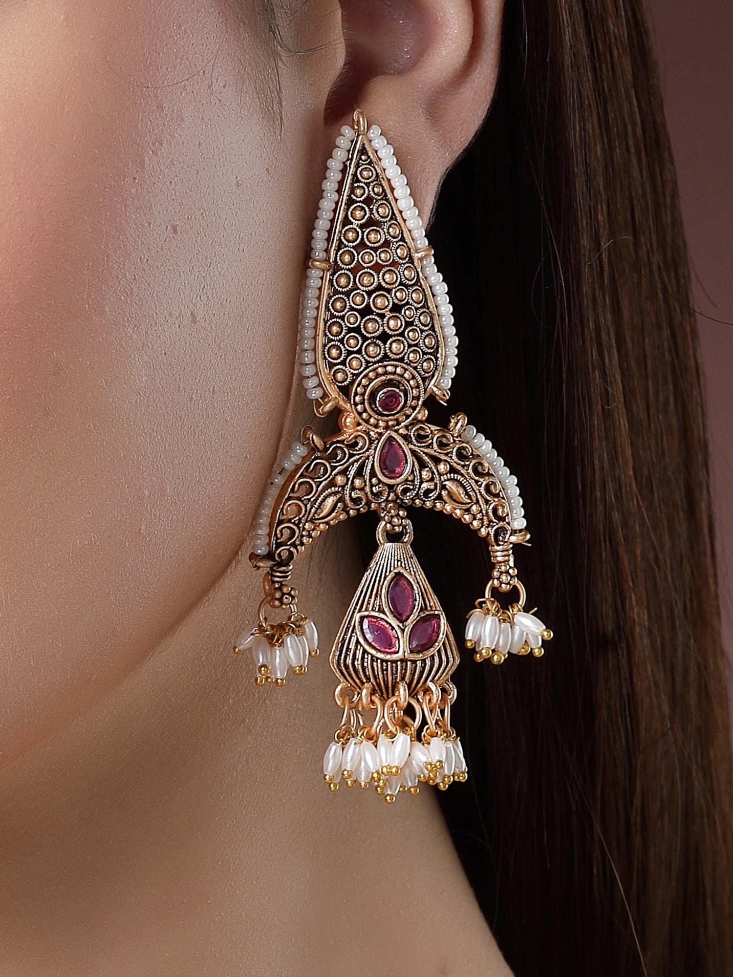 Karatcart Gold Plated Red Stone Drop Shape Kundan Dangler Earrings for Women