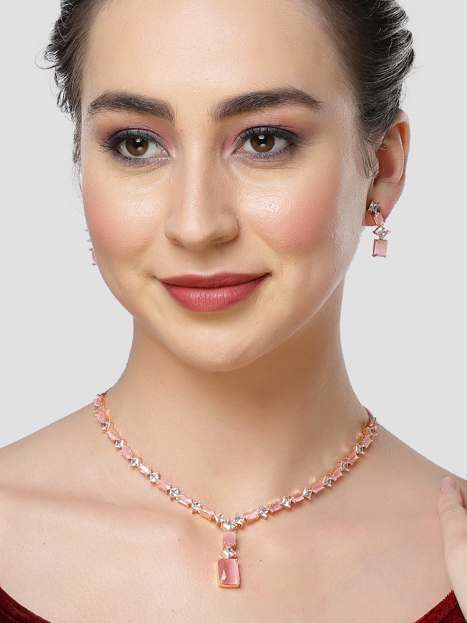 Karatcart Pink Cubic Zirconia Studded Rose Gold Plated Necklace Set for Women - Image 1
