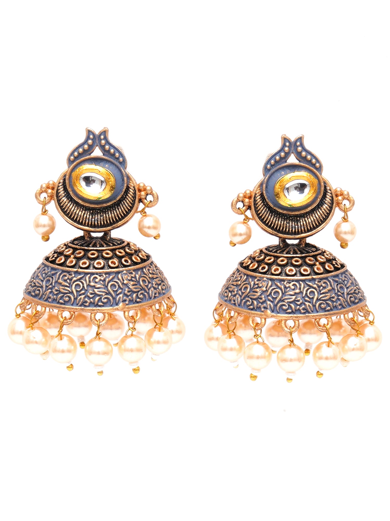 Karatcart Antique Gold Plated Polki Kundan Studded Grey Meena Jhumki Earrings for Women - view 4