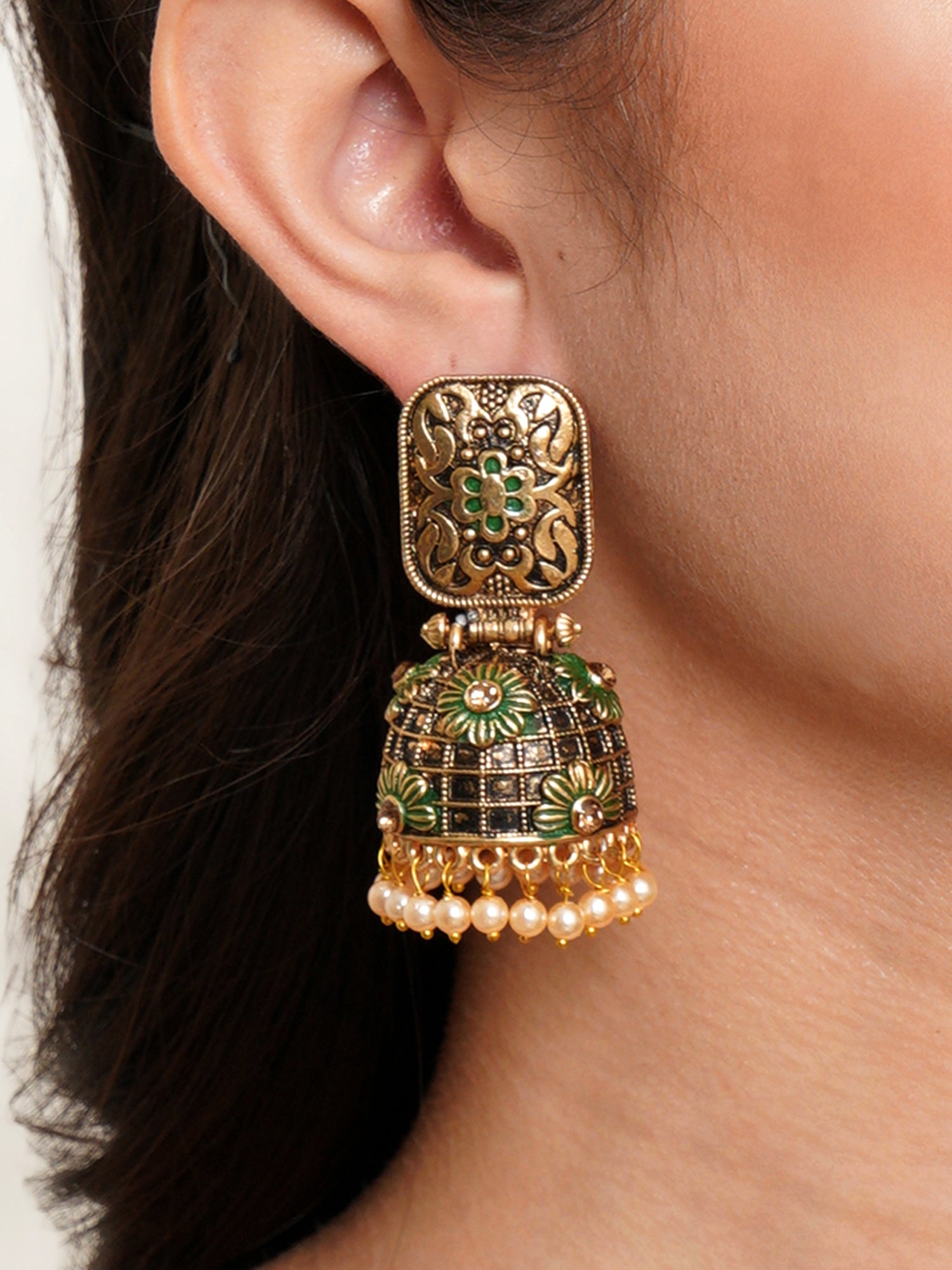 Karatcart Antique Gold Plated Floral Green Studded Jhumki Earrings for Women - Image 1
