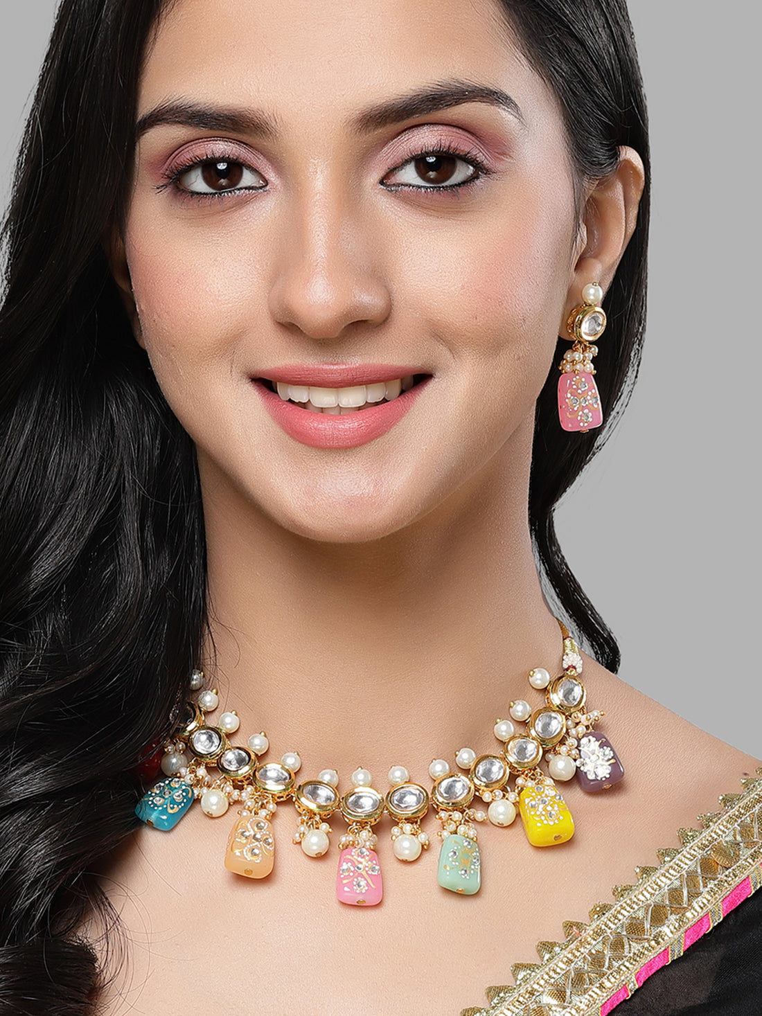 Karatcart Gold Plated Nav-ratan Tumble Polki Kundan Choker Necklace Set for Women