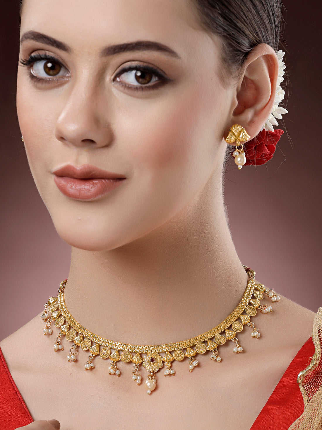 Karatcart Gold Plated Red Stone Minimal Necklace Set for Women