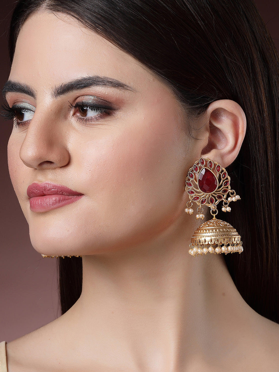 Karatcart Gold Plated Drop Shape Red Stone Studded Jhumki Earrings for Women