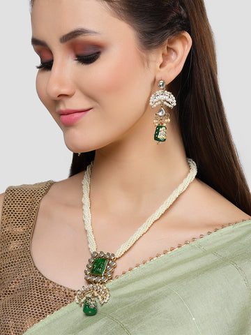 Karatcart Gold Plated Green Carved Stone and Tumble Studded Kundan Rani Haar Necklace Set for Women