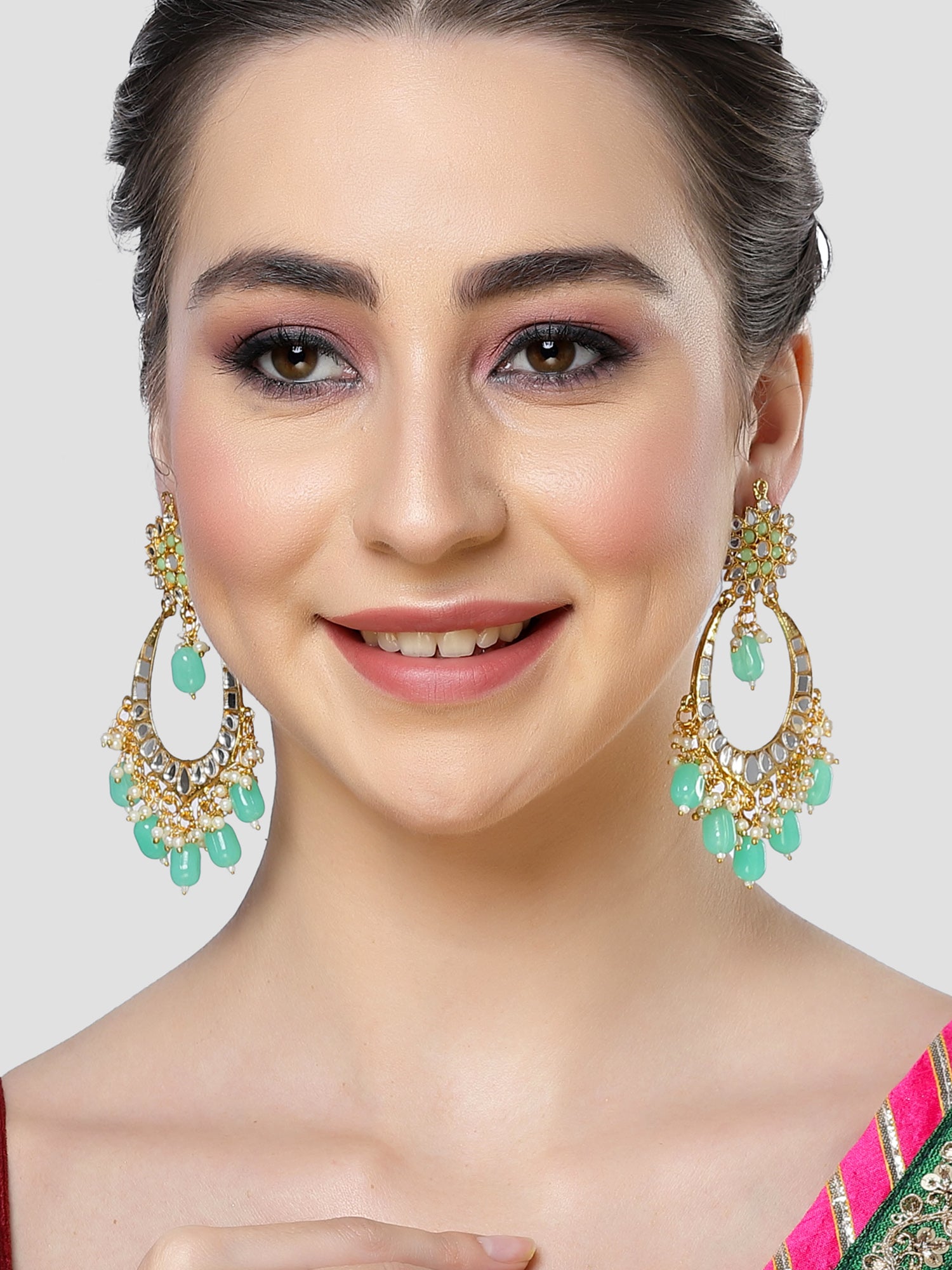 Karatcart Gold Plated Mirror and Light Green Tumble Studded Dangler Earrings for Women - view 2